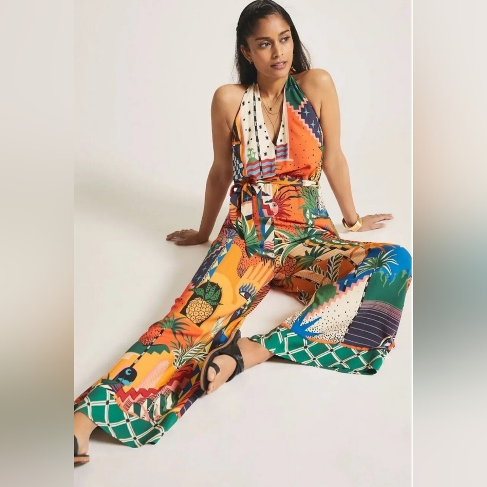 Anthropologie Orange and Green Tropical Jumpsuit